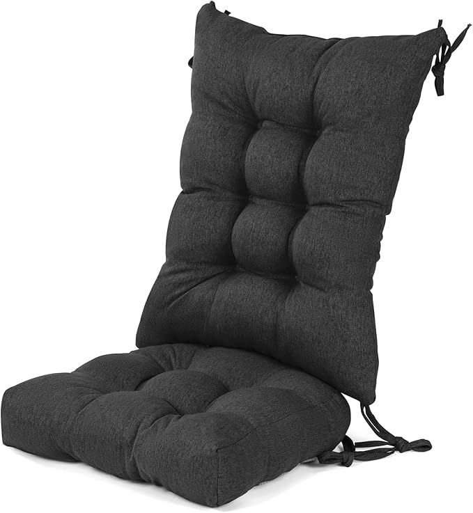 Lokex Rocking Chair Cushion 4 Inch Extra Thick, Cushions for Rocking Chairs Set of Seat and Back with Ties, Linen Fabric Indoor Outdoor Rocker, 17x21 & 17x17 Inches (Black)