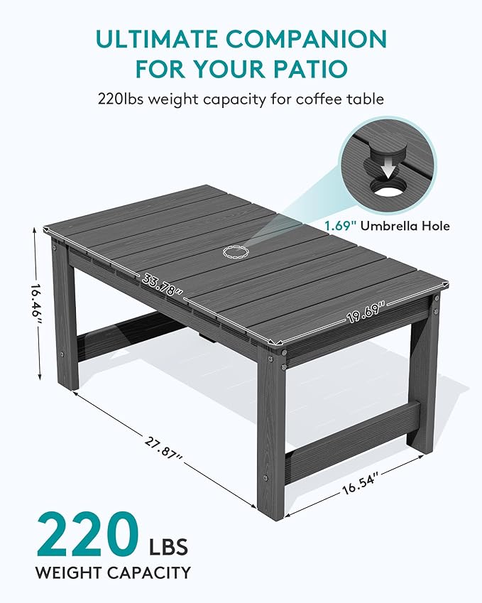 SERWALL Outdoor Patio Adirondack Set, 2 Folding Adirondack Bench & 1 Coffee Table with Umbrella Hole, HDPE All-Weather Adirondack Furniture Set for Front Porch Garden Balcony Backyard, Grey