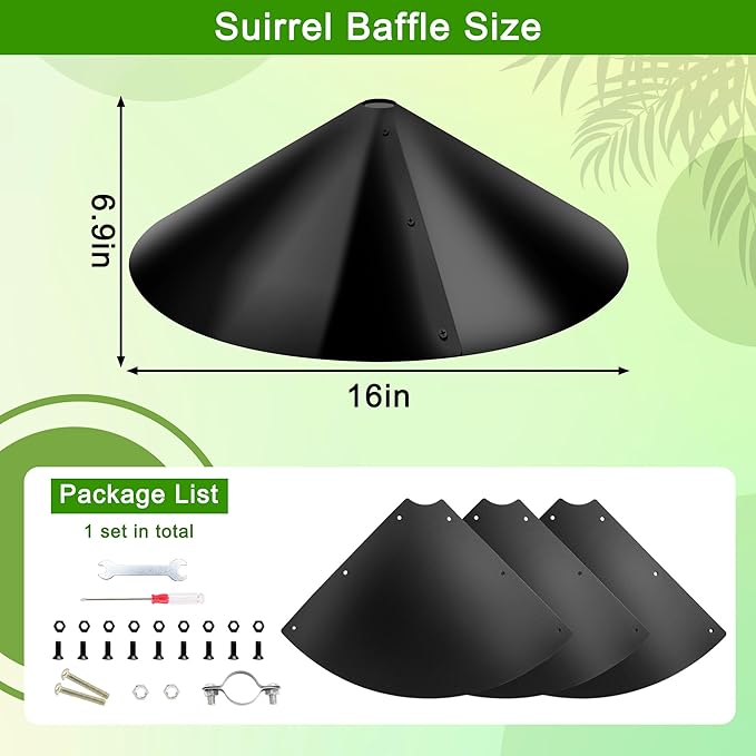 PP Squirrel Proof Baffle, Pole Mount Squirrel Guard Stopper for Outdoors Bird Feeder Pole - (Black, 16inch,1 Pack)