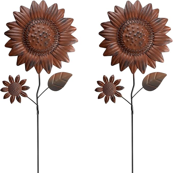 Silkfly 2 Pack Metal Sunflowers Outdoor Decor 22 Inch Vintage Rust Sunflower Decorative Garden Stakes for Outside Metal Flowers Yard Decor Art Spring Lawn Porch Patio Deocrations