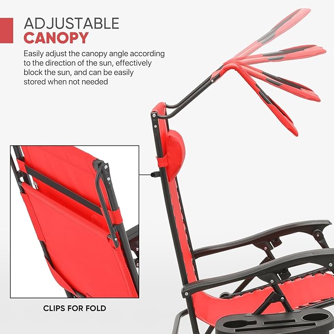Magshion Zero Gravity Chair with Canopy Set of 2, Reclining Outdoor Patio Lounge Chair, Folding Anti Gravity Recliner, Portable Lounger with Removable Cup Holder Side Tray and Pillow Headrest (Red)