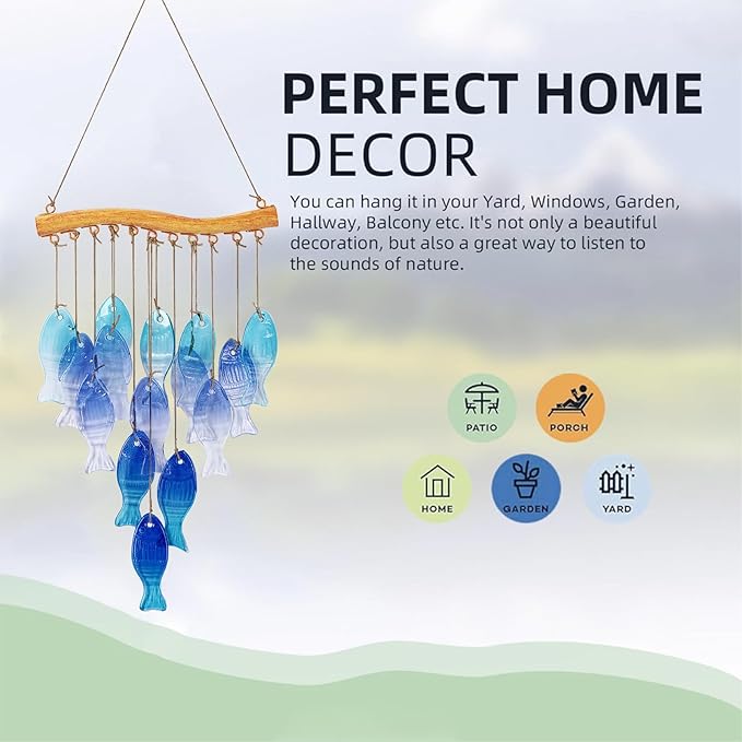 Wind Chimes Blue Glass Sea, Garden Wind Chime for Home, Beach Party, Festival Decor, Glass Garden Patio Yard Porch Decoration Indoor/Outside, Lifelike Fish Style