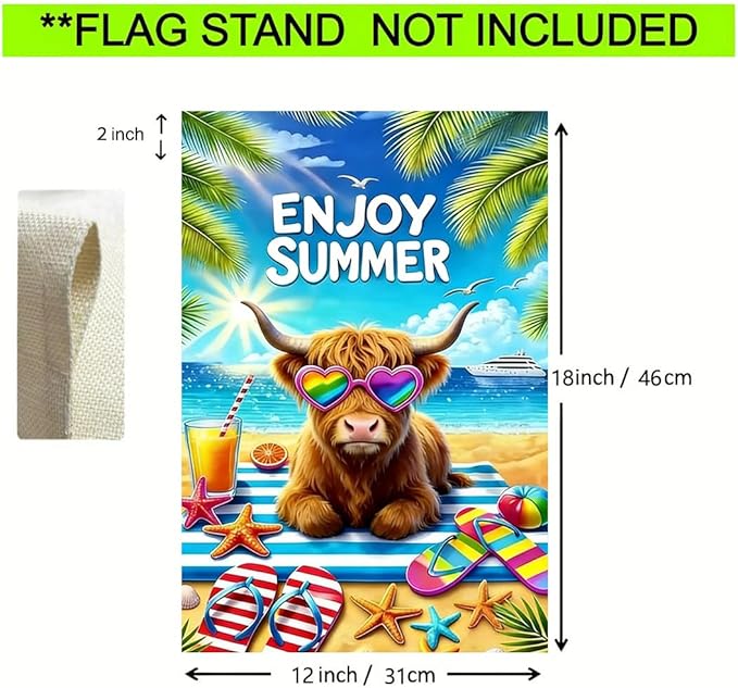 Summer Garden Flags 12x18 Inch Double Sided, Burlap Seasonal Farmhouse Beach Highland Cow Garden Flag Summer Outdoor Garden Decor, Small Decorative Yard Lawn Porch Flags for Outside