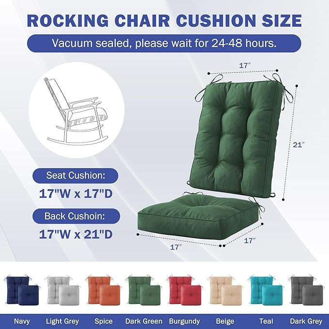 Rocking Chair Cushion, Waterproof and Fade-Resistant Patio Chair Cushions, Tufted Chair Pads for Rocker Furniture, 17x17 Inch, Indoor/Outdoor Seat Cushions with Ties, Dark Green