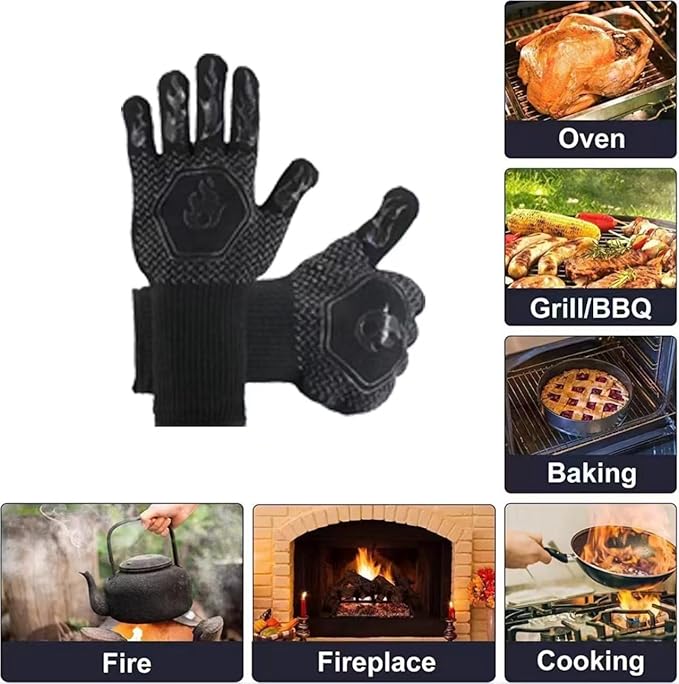 BBQ Grill Gloves Heat Resistant 1472℉ High Temp Resistance Fireproof Glove for Grilling Smoking Barbecue Washable Long Oven Extreme Hot Proof Mittens for Kitchen Baking (Black)