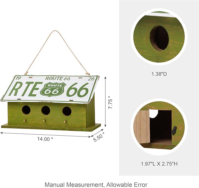 Glitzhome 14" L Oversized Hanging Birdhouse Green Distressed Wooden Licence Plate Bird House for Outdoor