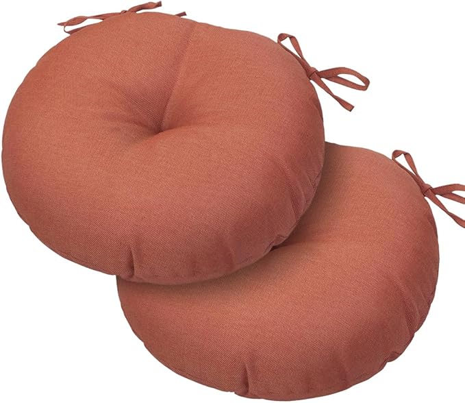 Magpie Fabrics Outdoor Round Bistro Seat Cushions with Ties, 15"x15"x4" Set of 2, Tufted Waterproof Barstool Chair Pads for Patio Home Garden Office, Coral