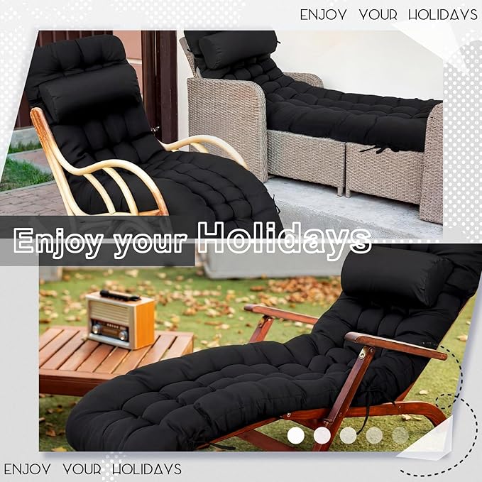 Tudomro 2 Pcs Black 66'' Outdoor Chaise Lounge Cushion Waterproof Patio Lawn Pool Chaise Lounge Cushion with Headrest Pillow & Ties Weather Fade Resistant Replacement Longue Chair Pad