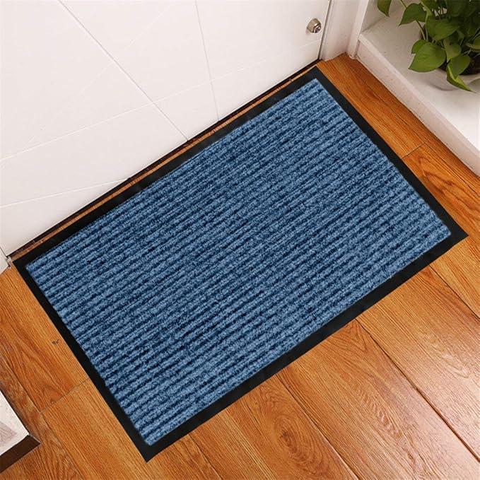 LuxUrux 2-Pack Durable Rubber Door Mats - Waterproof, Low-Profile, Indoor/Outdoor Entry Rugs for Entry, Patio, Garage - Striped Blue Design (23'' x 35'')