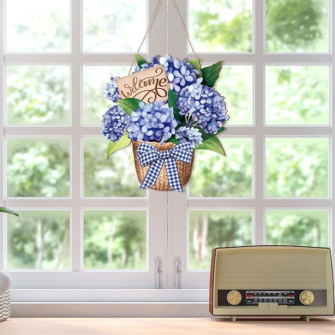 Barydat Spring Door Sign Blue Hydrangea Wreaths Flowers Spring Door Hanger Rustic Easter Welcome Hanging Wreath for Summer Front Indoor Home Porch Wall Windows
