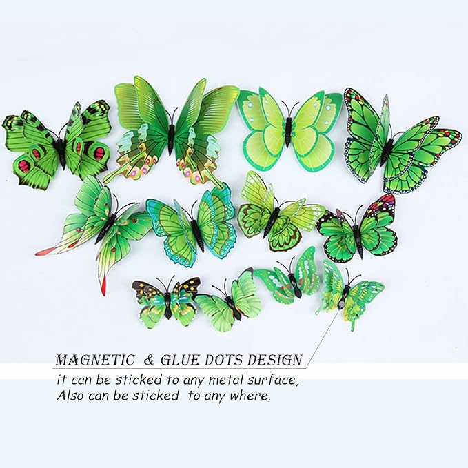 Butterfly Wall Decor 72 PCS, 3D Butterflies Stickers for Party Decorations with Magnets (Green, 72)