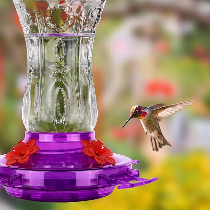 Glass Hummingbird Feeders for Outdoors, Built-in Ant Moat & Leakproof Design, XAROO Hummingbird Feeder with 4 Bee Guard Feeding Ports, 15OZ, Purple, Gifts for Mom Wife Dad, Birthday Gift for Men Women