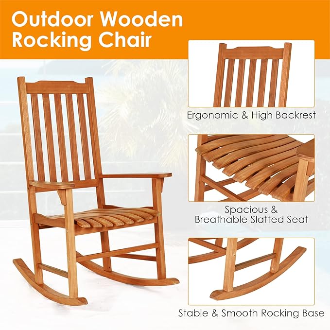 Tangkula Set of 2 Patio Rocking Chair, Indoor Outdoor Wooden Rocker Lounge Chair for Porch Garden Backyard Balcony, Rustic High Back Armchair w/Heavy-Duty 350 LBS Weight Capacity