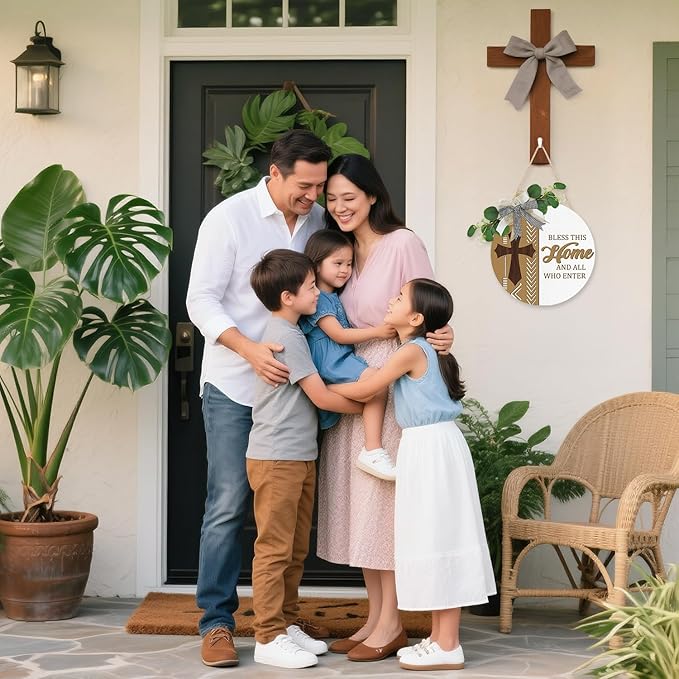 CHDITB Boho Bless This Home Front Door Sign Wreath(12"x12"), Wooden 3D Welcome Decoration Wall Hanging with Eucalyptus Leaves Plaid Bow, Rustic Religious Christian Cross Decor for Front Porch Outdoor