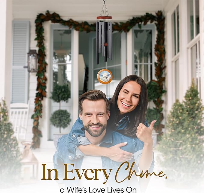 Personalized Memorial Wind Chimes with Custom Photo Pendant & Letter from Heaven | Sympathy Gift for Loss of Loved One, 32-Inch Outdoor Chime for Remembrance (Wife)