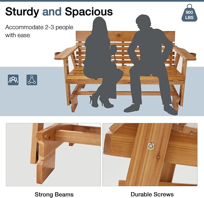 HOMREST Wooden Patio Glider Bench with Cup Holders, Heavy Duty 900LBS Outdoor Loveseat Glider with Ergonomic Deep Contoured Seat and High Roll Back for Garden Porch Balcony (4Ft 2-Seater, Brown)