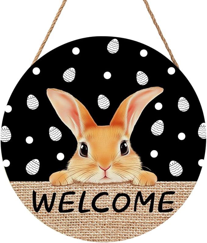 Welcome Door Sign For Front Door Decor,Easter Bunny Eggs Black Wooden Sign 12"x 12" Round Easter Hanging Door Sign Decoration for Wall Rustic Decor