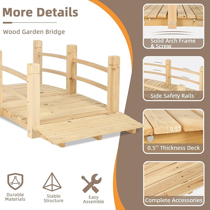 Wood Garden Bridge Classic Wooden Arch Stained Finish Footbridge with Safety Railings, 530 lbs Capacity, Decorative Pond Bridge Landscaping for Outdoor Garden Backyard Creek Farm, Natural