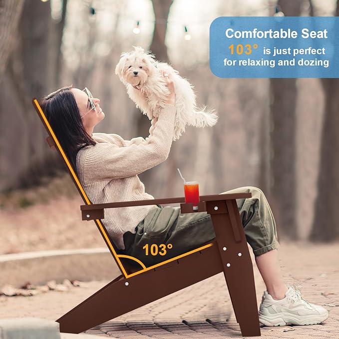 MXIMU Modern Adirondack Chair Weather Resistant with Cup Holder Oversized Fire Pit Chairs Adorondic Plastic Outdoor Chairs for Firepit Area Seating (Coffee)