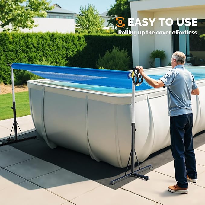 VINGLI 16 FT Pool Cover Reel for Aboveground Swimming Pools, Waterproof Aluminum Pool Solar Cover Reel with Adjustable Width & Height & Extra 4 Sandbags (2025 Version)