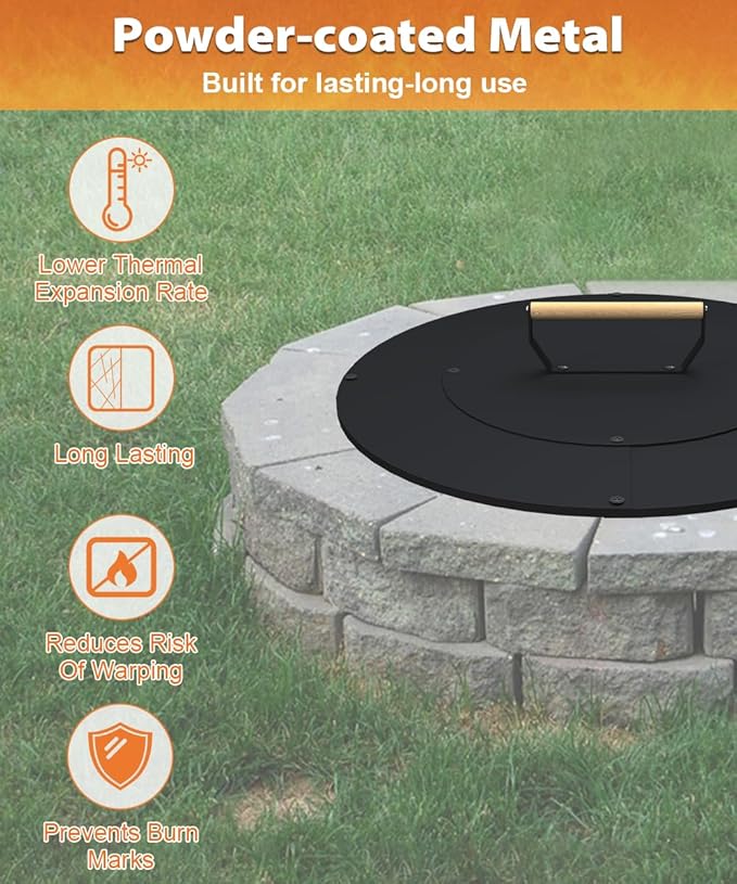 20" Wooden-Handle Fire Pit Lid for Pits up to 18", Round Metal Bonfire Pit Burner Pan Cover, Smokeless Fire Pit Cover for Fire Tables, All-Weather Resistance Outdoor Firepit Accessory