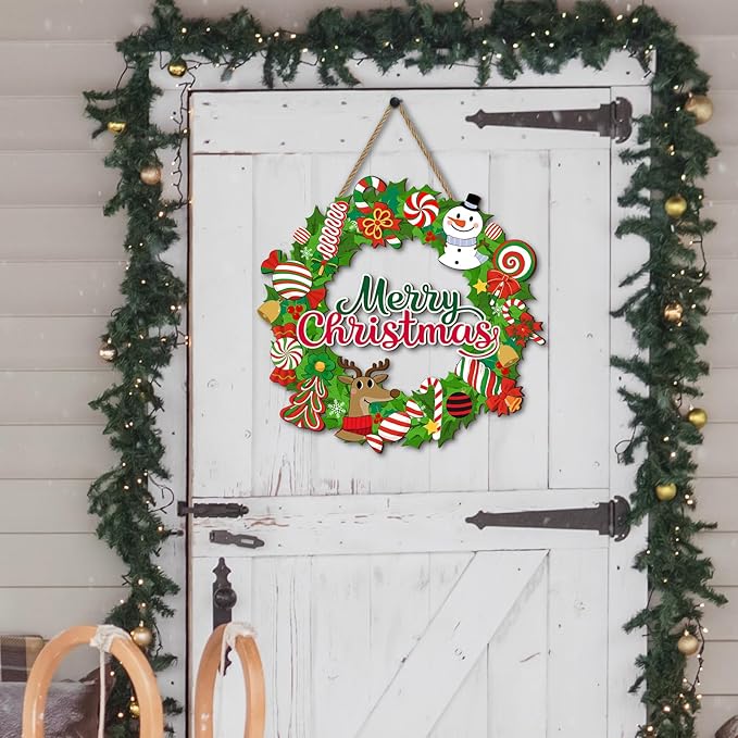 Christmas Candy Wreath Welcome Sign for Front Door Decor, Snowman Reindeer Wooden Hanging Plaque Farmhouse Rustic Outdoor Indoor Wall Decoration for Home Porch Yard Winter Decor