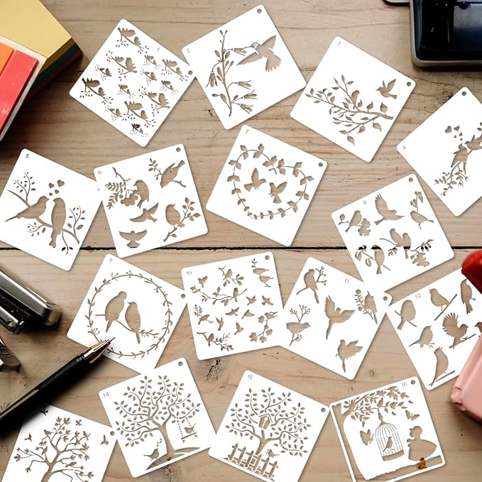 Bird Stencils 16 Pieces for Painting Tree Branch Vine, Reusable DIY Drawing Template for Painting on Wood Burning Art Craft Canvas Furniture Wall Decor