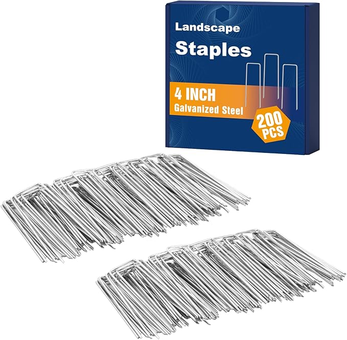 Whonline 200 Pack Landscape Staples 4 Inch, Galvanized Garden Stakes U-Shaped SOD Landscaping Fabric Pins Yard Ground Staples for Gardening Lawn Turf Securing Irrigation Pipe Hose Plant Cover