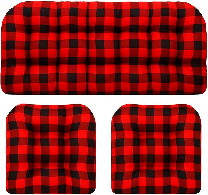 Barydat 3 Pack Wicker Furniture Cushions Waterproof Outdoor/Indoor Tufted Wicker Chair Cushions 1 Loveseat and 2 U-Shape Rattan Chairs for Patio Furniture, Rattan Love Seat, Bench(Red Plaid)