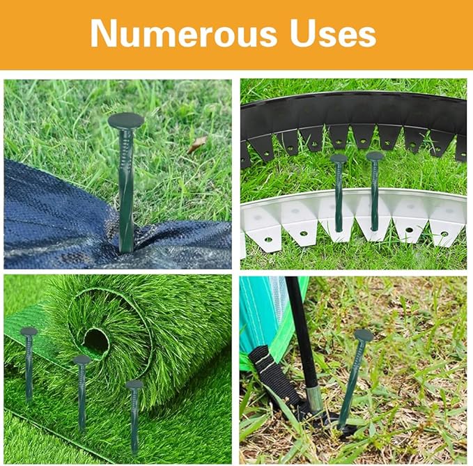 Bakulyor 50 Pack Metal Landscape Stakes, 8 Inch Artificial Grass Nails, 6 Gauge Large Landscaping Staples, Green Edging Anchor Stake for Garden Ground Lawn Paver Timber Border Weed Barrier Spikes 8"