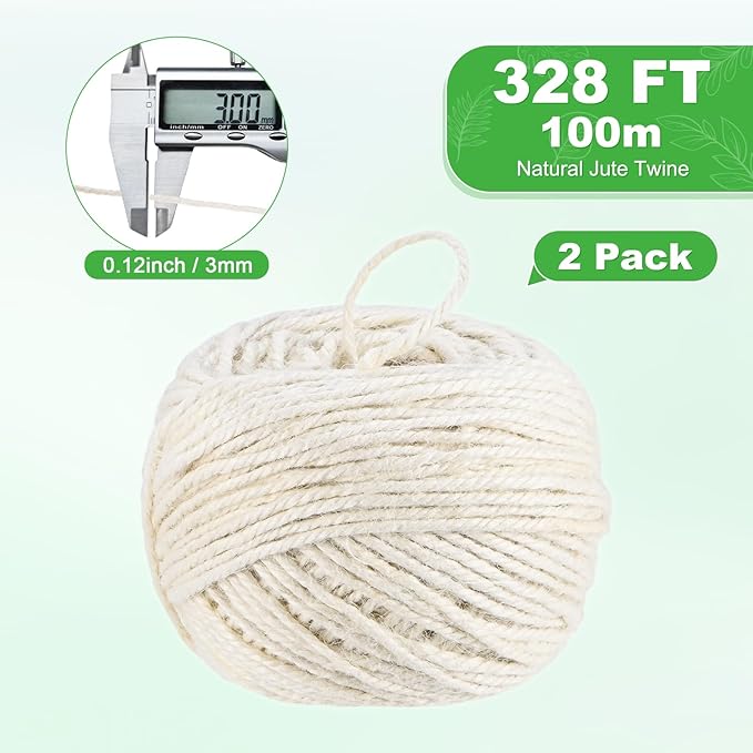 2-Pack Natural Jute Twine String, 3mm x 328ft/100m Long Garden Twine Balls for Crafts/Gift Wrapping/Gardening Plants, Durable Plant Ties Thick Rope [White]