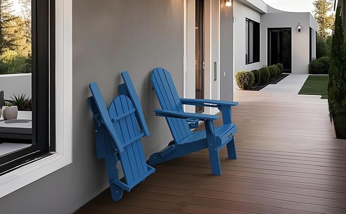 Folding Adirondack Chair Set of 6, Wooden Textured Plastic Adirondack Chairs with 2 Cup Holder, Weather Resistant HDPE Fire Pit Chair, Outdoor Patio Chairs for Garden, Backyard, Lawn, Deck, Blue