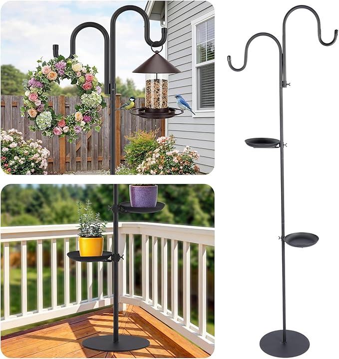 1 Set 75.9" Shepherd's Hook Stand for Hanging Plant, Bird Feeder, Waterproof Metal & Adjustable Standing Pole Holder for Indoor Outdoor, with 2 Rotatable Rack & Weight Bag (Classic 2 Hooks)
