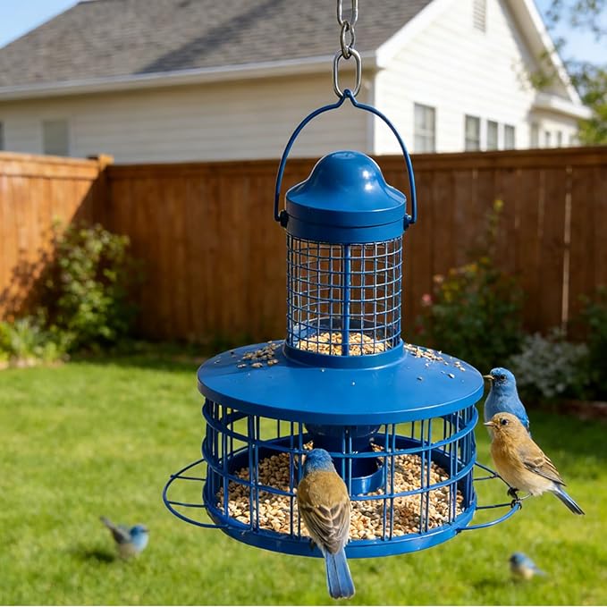 Squirrel Proof Caged Mealworm Bluebird Feeder with Detachable Grille, Easy Refill and Clean, Attract Wild Blue Bird Small Birds Outdoor Hanging, Metal Tube Feeders with Tray Life Time Support