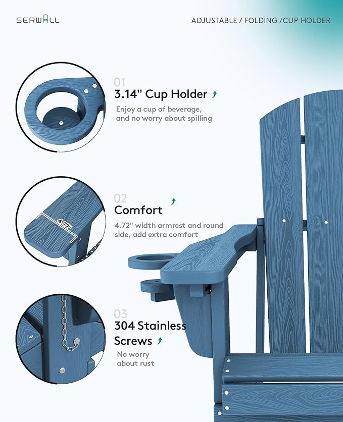 SERWALL Folding Adirondack Chair Set of 6, Adjustable Adirondack Chair with 3 Recline Positions, All Weather HDPE Outdoor Adirondack with Cup Holders, Blue