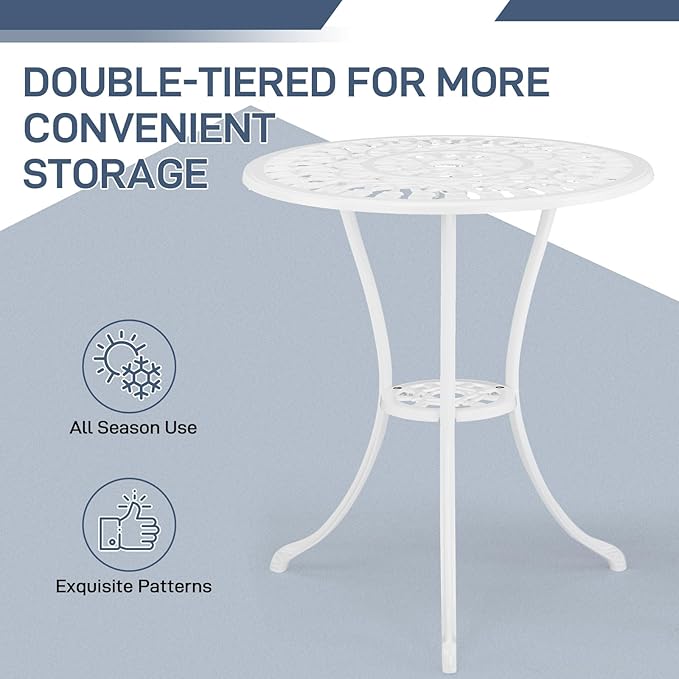 VINGLI 3 PCS Outdoor Bistro Set, Outdoor Patio Set, All-Weather Cast Aluminum Bistro Table Set, Bistro Table and Chairs Set of 2 for Backyard, Garden, Balcony (White, Tulip)