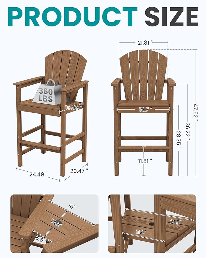 SERWALL Tall Adirondack Chairs Set of 2 with Double Layer Connecting Tray, HDPE Bar Height Outdoor Chairs, Wood-Like Adirondack Bar Stools for Patio, Balcony, Porch, Brown