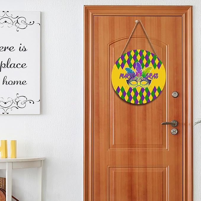 Mardi Gras Crawfish Door Sign For Front Door Decor,Purple Yellow Green Diamond Wooden Sign 12"x 12" Round Wood Hanging Door Sign Decoration for Wall Rustic Farmhouse Decor