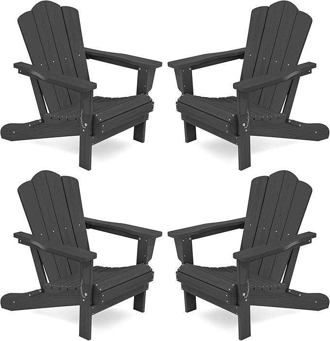 KINGYES Folding Adirondack Chair Set of 4, HDPE All-Weather Folding Adirondack Chair, Grey
