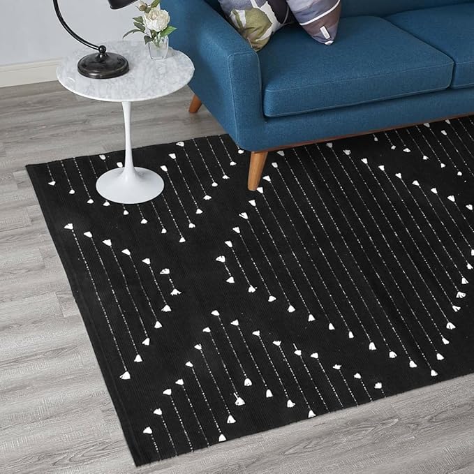 LIVEBOX Boho Black Rug for Kitchen,3x5 Washable Area Rug for Entryway,Moroccan Cotton Throw Rugs Morden Indoor Carpet Large Door Mat for Front Porch