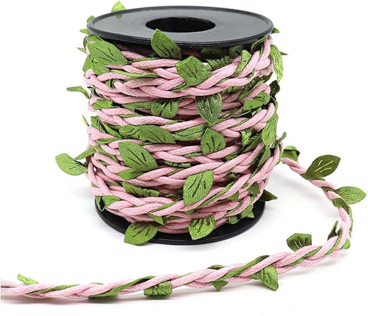 33ft Waxed Twine with Green Leaves, 3-ply Waxed Cord, Artificial Leaves Waxed String for Crafts and Decor (Pink Waxed Twine)