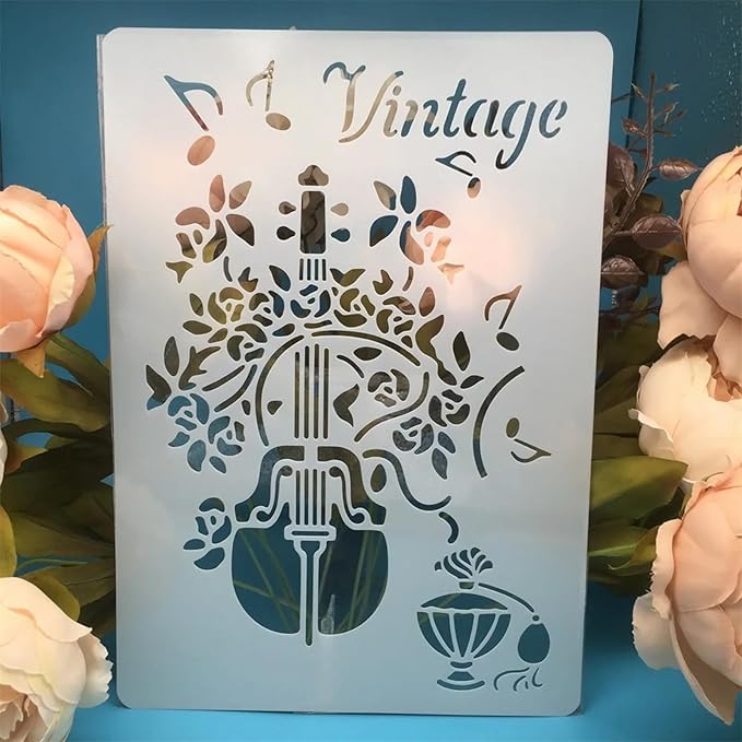 TIAMECH A4 Reusable Violin Stencil for Painting - Vintage Music Instrument Layering Template, DIY Wall Art, Wood Furniture, Scrapbook & Crafts (8.3x11.7inch)
