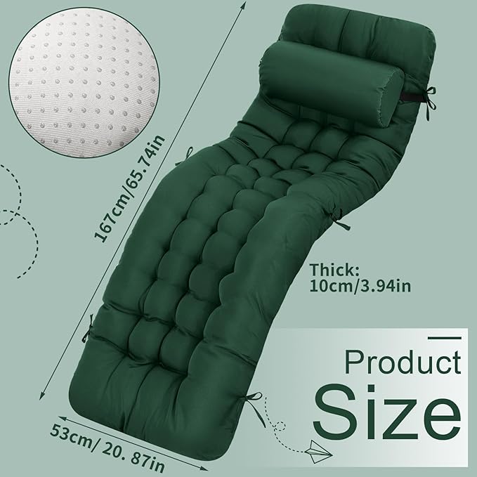 Tudomro 2 Pcs Dark Green 66'' Outdoor Chaise Lounge Cushion Waterproof Patio Lawn Pool Chaise Lounge Cushion with Headrest Pillow & Ties Weather Fade Resistant Replacement Longue Chair Pad
