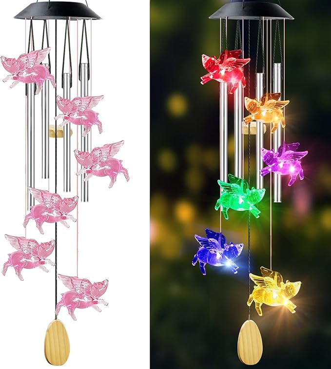 Pig Solar Wind Chimes with 4 Music Aluminum Tubes, 7 Colors Changing Outdoor Waterproof Flying Pig LED Wind Bell, Patio Garden Yard Decor(Gifts for Dad,Mom, Women, Gardening Gifts)