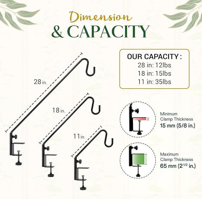 Idzo 18 Inch Railing Hook, Deck Hook for Bird Feeder Pole, Durable 3-Layer Powder Coated Steel, Shepherds Hooks for Outdoor, 360° Rotation, Sturdy Deck Railing Bracket for Hanging Decorations, Black