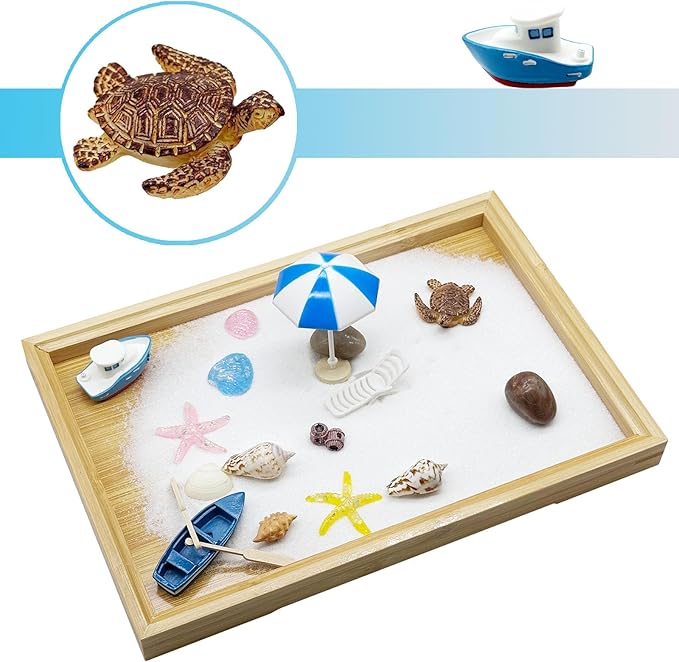Woohome Mini Zen Garden Kit, Mini Zen Sand Garden Kit, Ocean Beach Sandbox Decorations Zen Decor Kit with White Sand, Mini Boats, Shells, Rocks for Home Office Desktop Decor