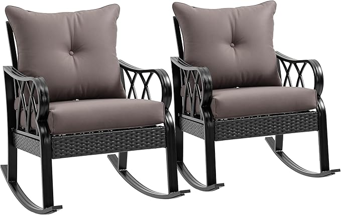 Outsunny 2 Piece Outdoor Wicker Rocking Chairs with Padded Cushions, Aluminum Furniture Rattan Porch Rocker Chairs w/Armrest for Garden, Patio, and Backyard, Gray