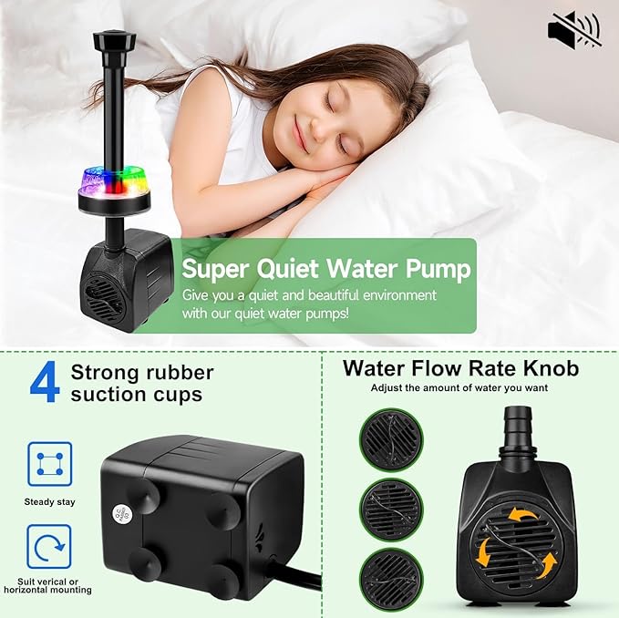15W 800L/H Submersible Fountain Pump with LED Lights, Adjustable Quiet Water Pump, Pond Fountain Pumps for Water Feature, Garden, Aquarium Fish Tank, Indoor Outdoor Fountain with 3 Type Nozzles