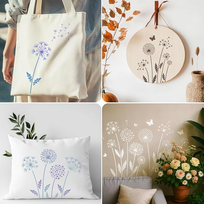 12PCS Large Flower Stencils for Painting on Wood 12 x 12 Inch Dandelion Stencil with Brushes Butterfly Stencil Large Floral Stencils for Walls Garden Fence Furniture Fabric