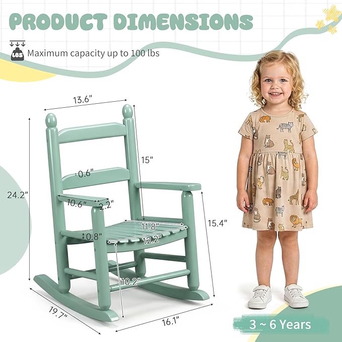 Outvita Kids Rocking Chair, Ergonomic Sturdy Toddler Rocking Chair with High Backrest & Rounded Armrests, Safe Solid Wood Baby Rocker Chair for Age 3-6, Outdoor, Living Room, Reading Room(Green)